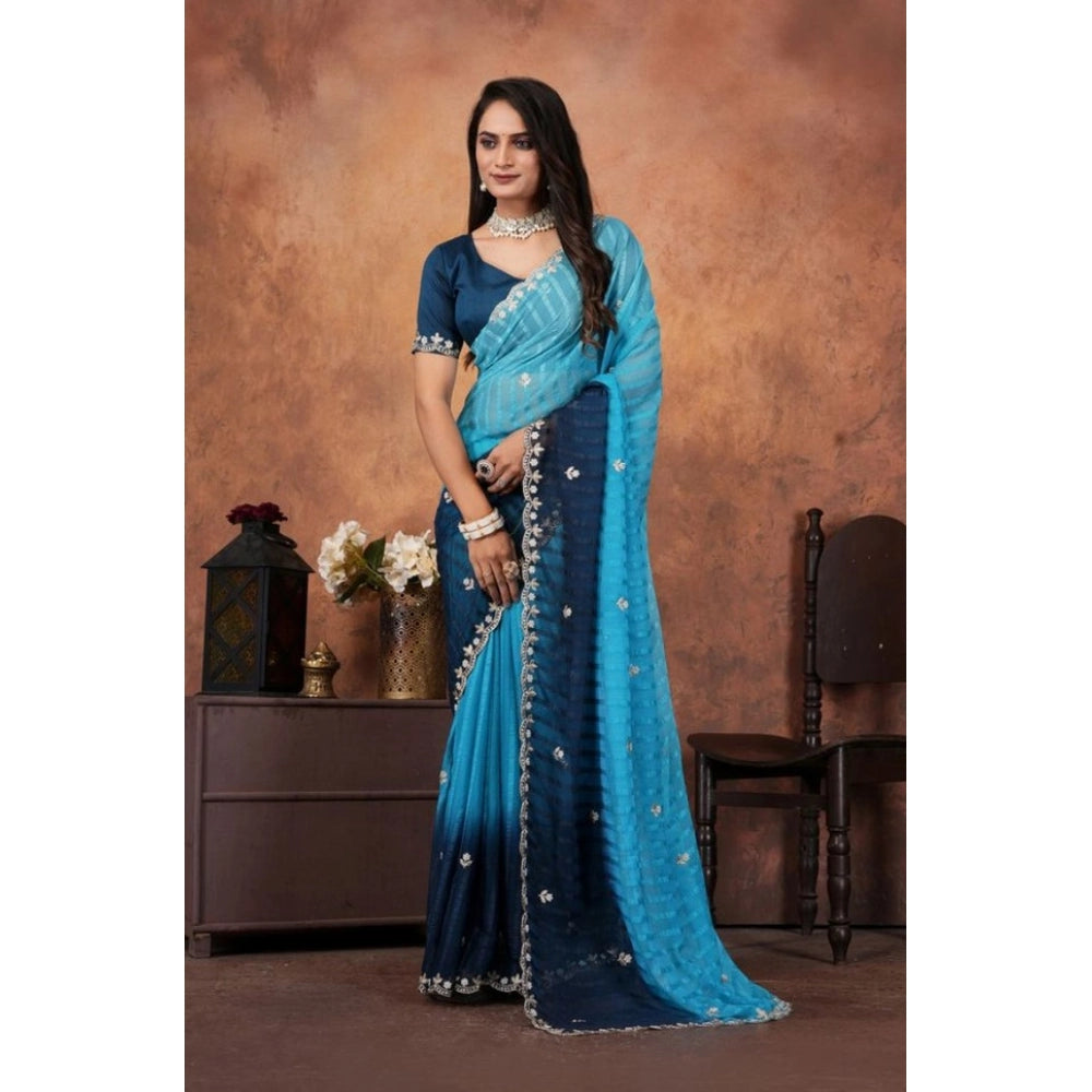 Women's Chiffon Embroidred Saree With Unstitched Blouse 5.5 Mtr (Light Blue)