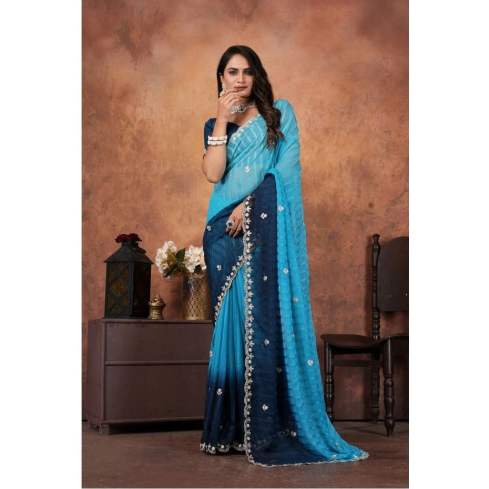 Women's Chiffon Embroidred Saree With Unstitched Blouse 5.5 Mtr (Light Blue)