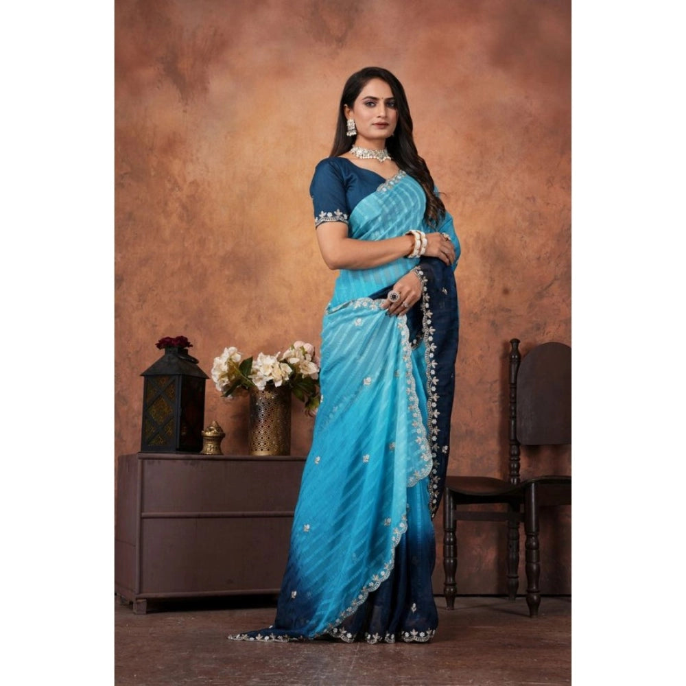 Women's Chiffon Embroidred Saree With Unstitched Blouse 5.5 Mtr (Light Blue)