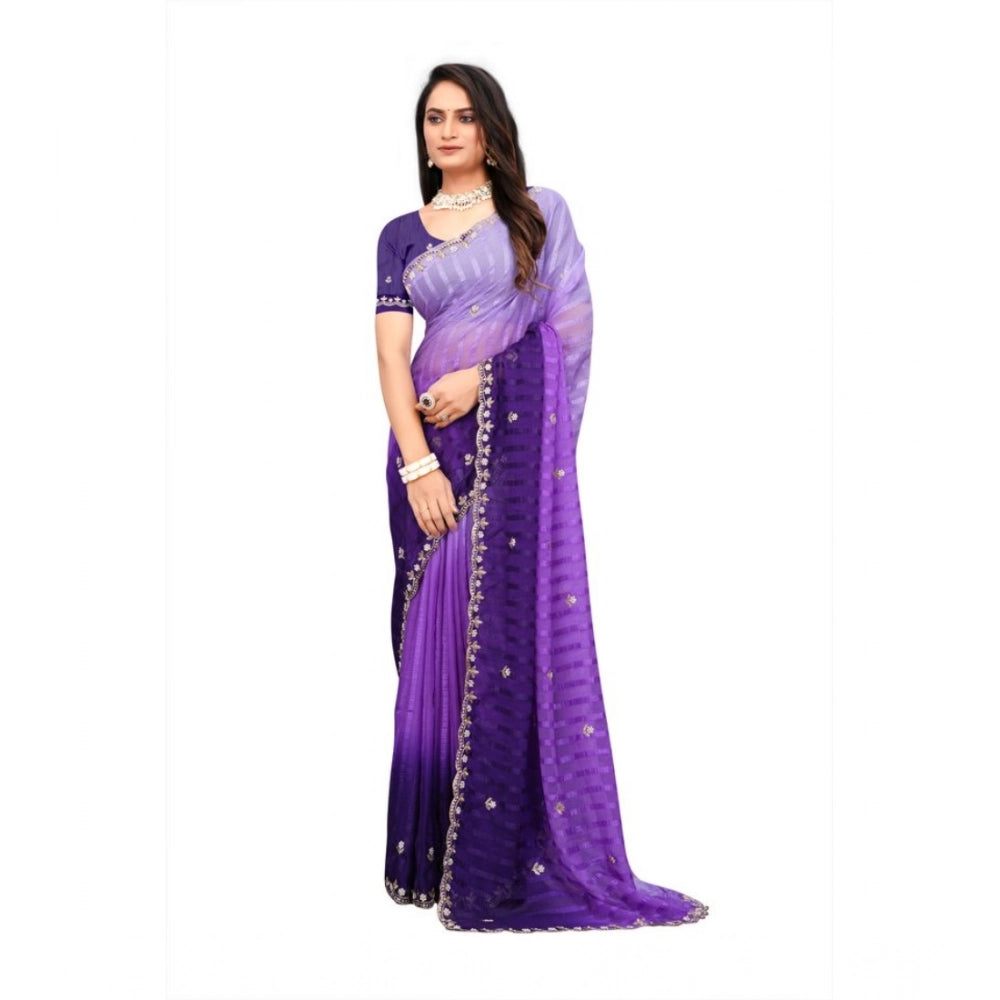 Women's Chiffon Embroidred Saree With Unstitched Blouse 5.5 Mtr (Purple)