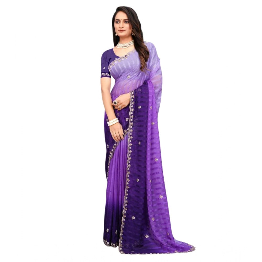 Women's Chiffon Embroidred Saree With Unstitched Blouse 5.5 Mtr (Purple)