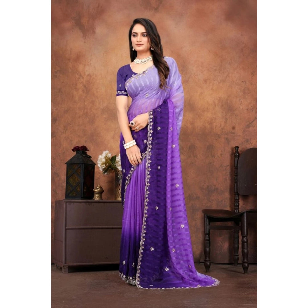 Women's Chiffon Embroidred Saree With Unstitched Blouse 5.5 Mtr (Purple)