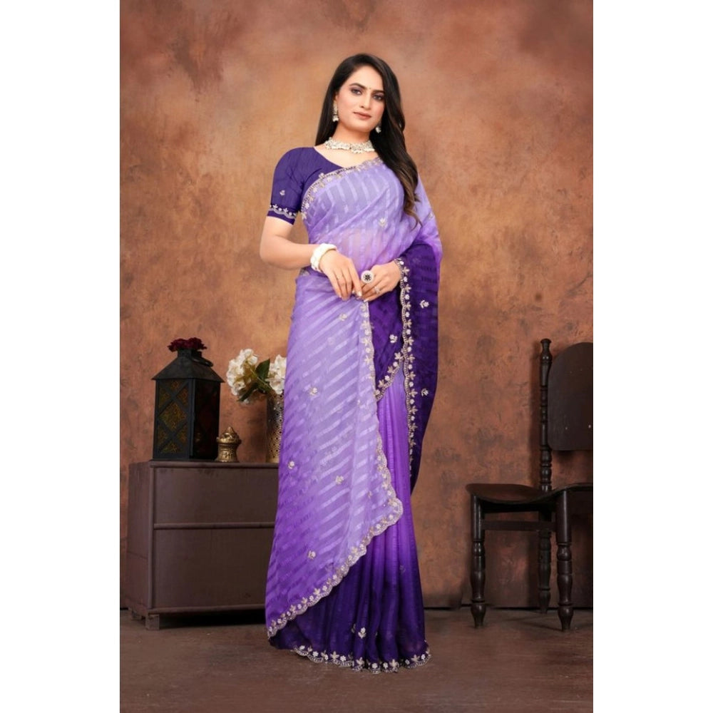 Women's Chiffon Embroidred Saree With Unstitched Blouse 5.5 Mtr (Purple)