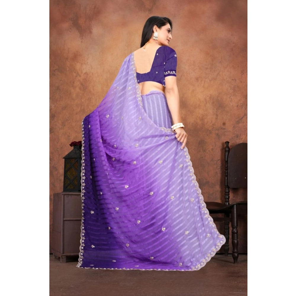 Women's Chiffon Embroidred Saree With Unstitched Blouse 5.5 Mtr (Purple)