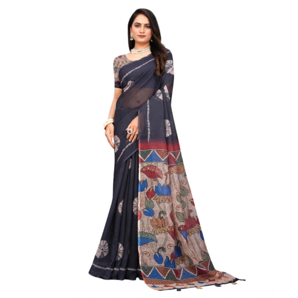 Women's Linen Printed Saree With Unstitched Blouse 5.5 Mtr (Black)