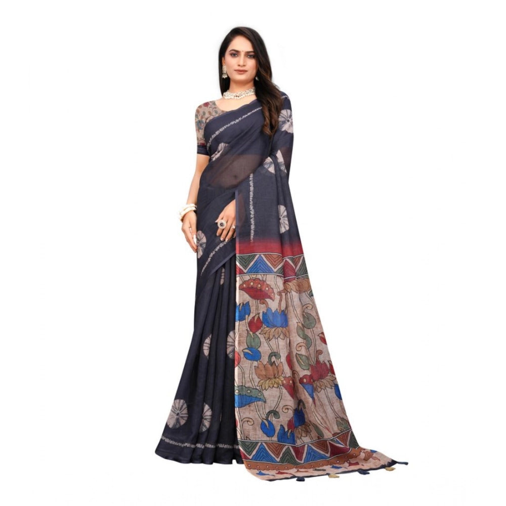 Women's Linen Printed Saree With Unstitched Blouse 5.5 Mtr (Black)