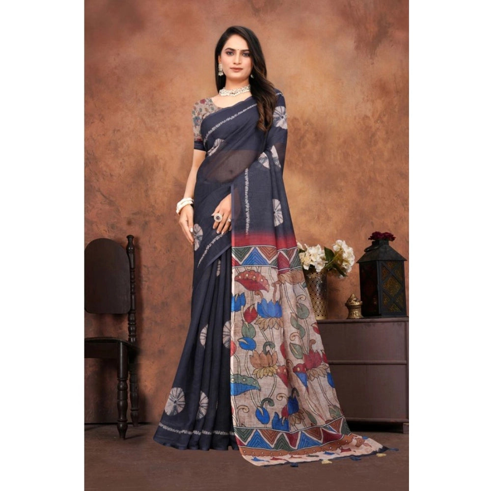 Women's Linen Printed Saree With Unstitched Blouse 5.5 Mtr (Black)