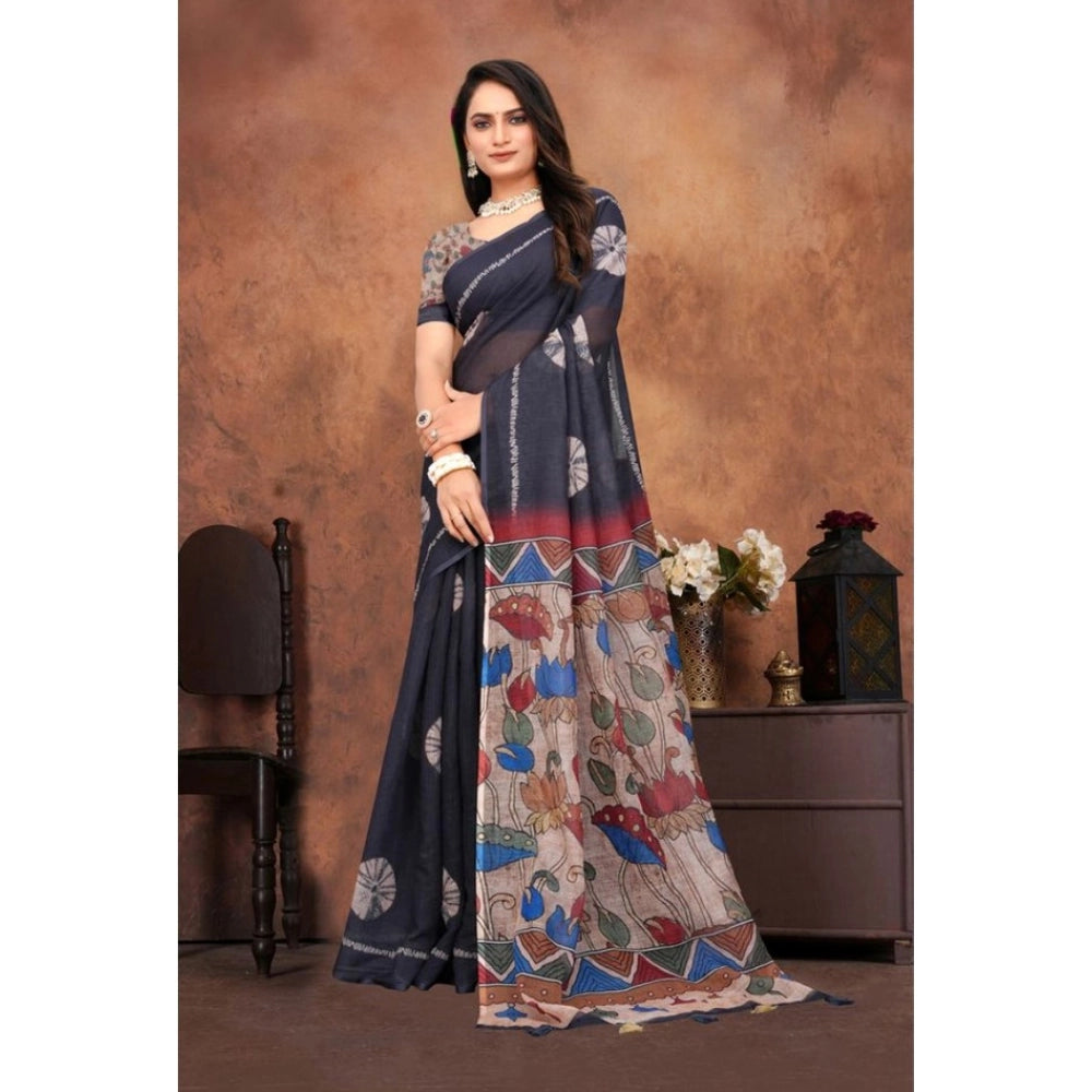 Women's Linen Printed Saree With Unstitched Blouse 5.5 Mtr (Black)