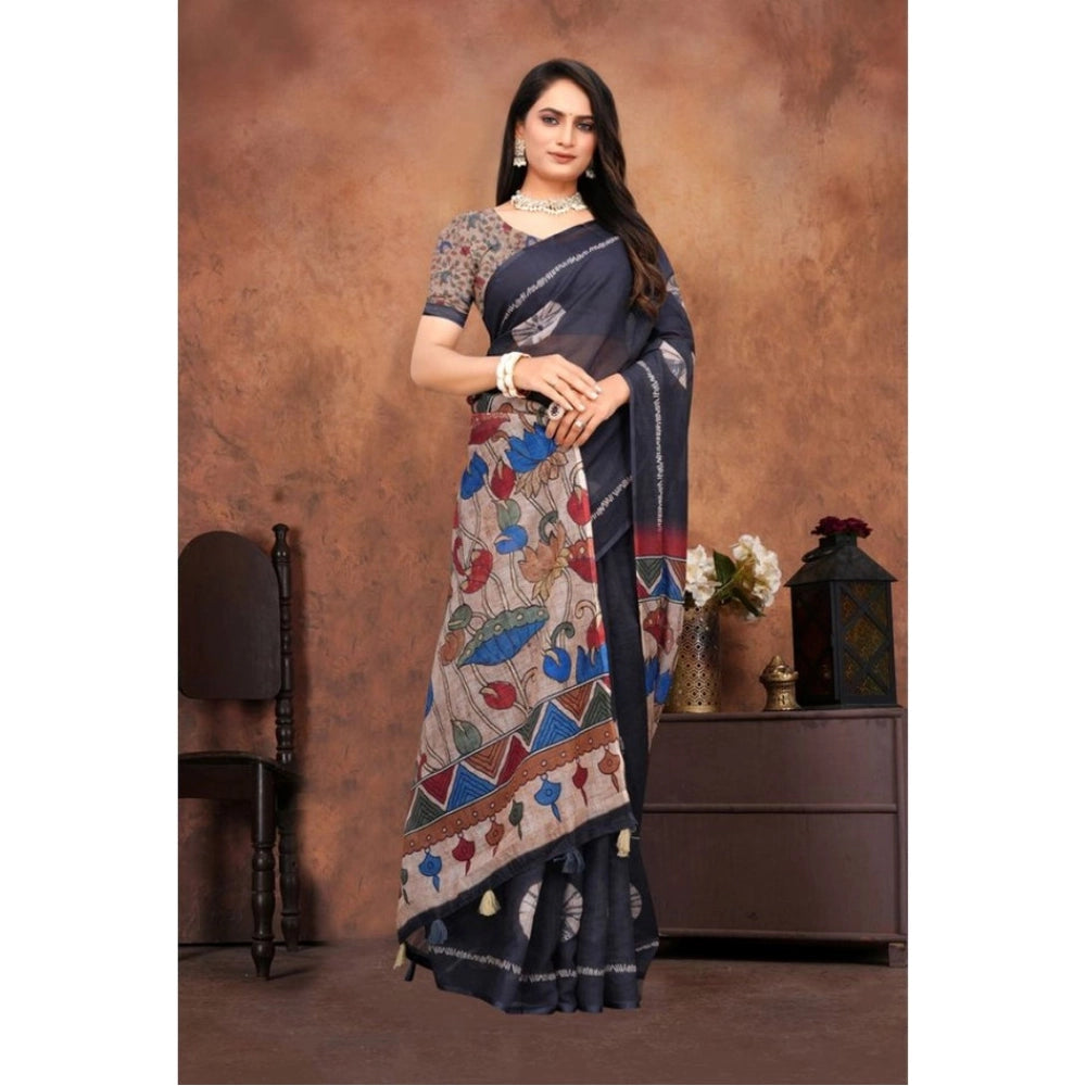 Women's Linen Printed Saree With Unstitched Blouse 5.5 Mtr (Black)