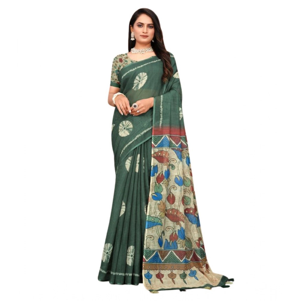 Women's Linen Printed Saree With Unstitched Blouse 5.5 Mtr (Dark Green)
