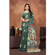 Women's Linen Printed Saree With Unstitched Blouse 5.5 Mtr (Dark Green)
