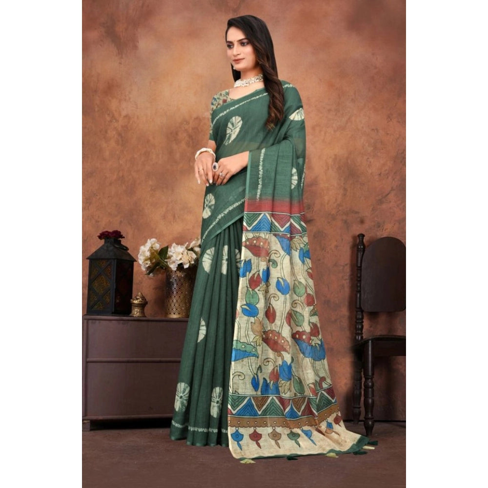 Women's Linen Printed Saree With Unstitched Blouse 5.5 Mtr (Dark Green)