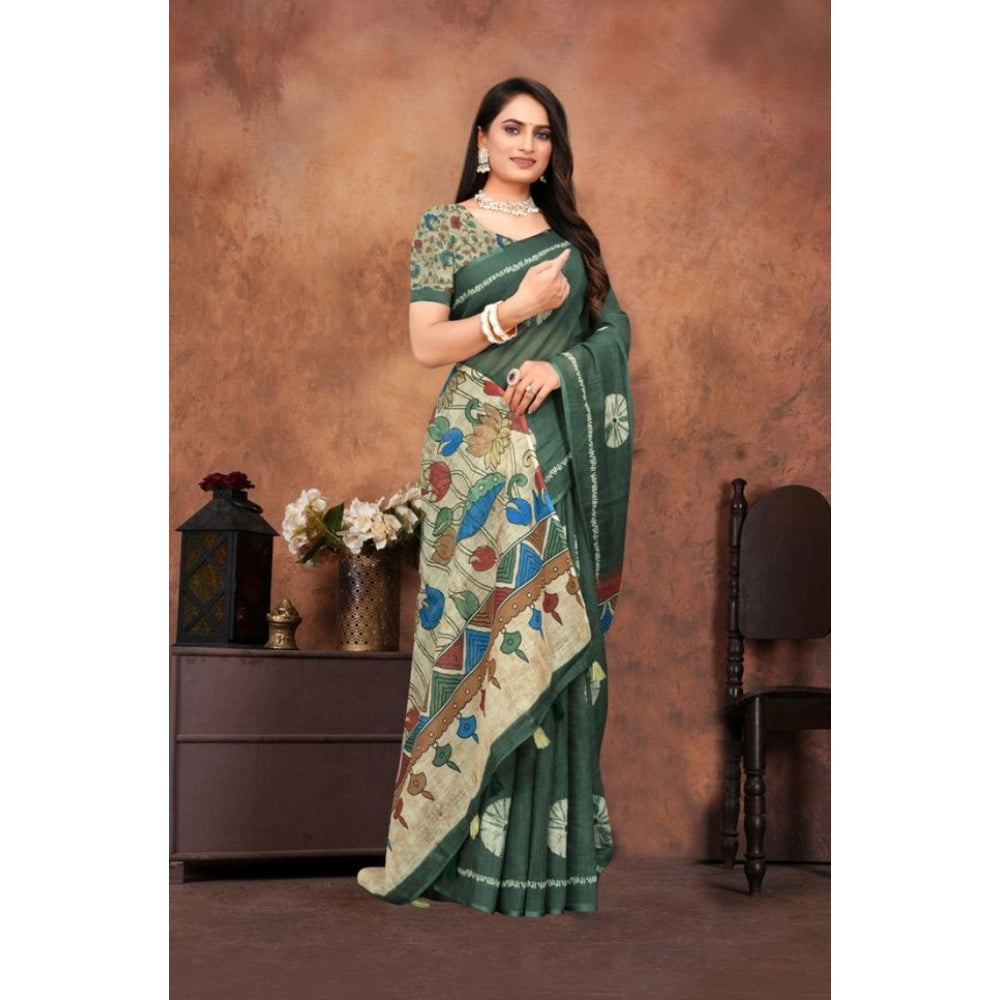 Women's Linen Printed Saree With Unstitched Blouse 5.5 Mtr (Dark Green)