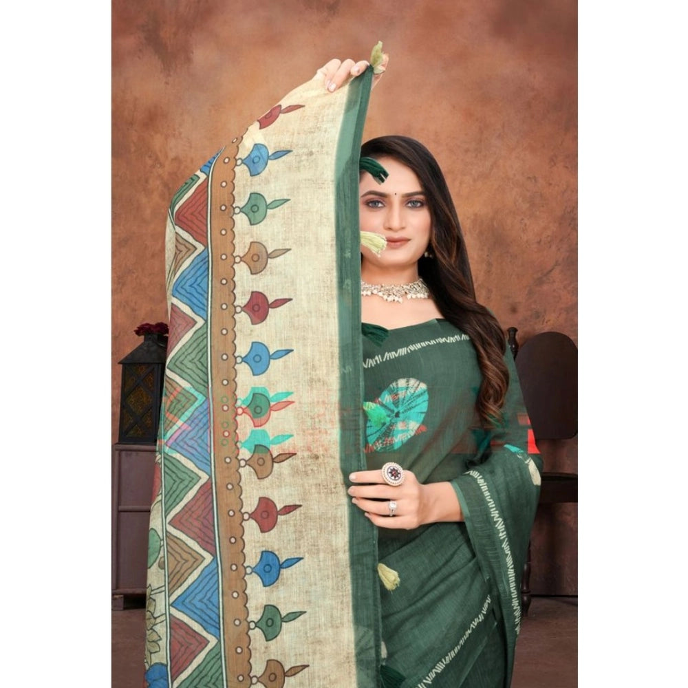 Women's Linen Printed Saree With Unstitched Blouse 5.5 Mtr (Dark Green)