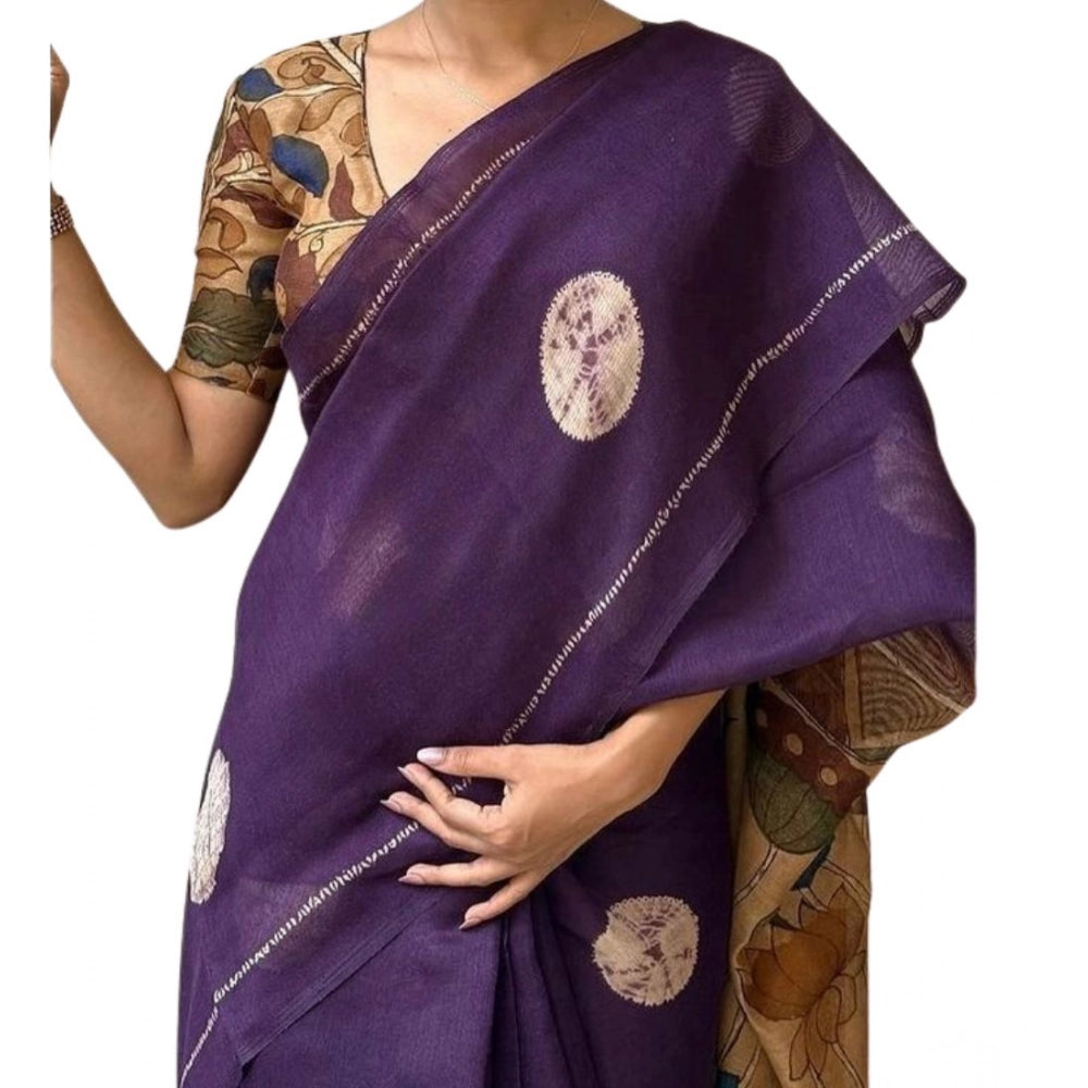 Women's Linen Printed Saree With Unstitched Blouse 5.5 Mtr (Purple)