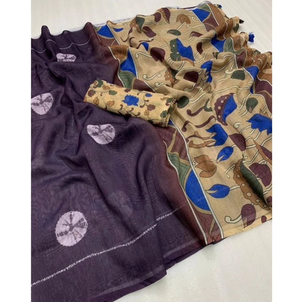 Women's Linen Printed Saree With Unstitched Blouse 5.5 Mtr (Purple)