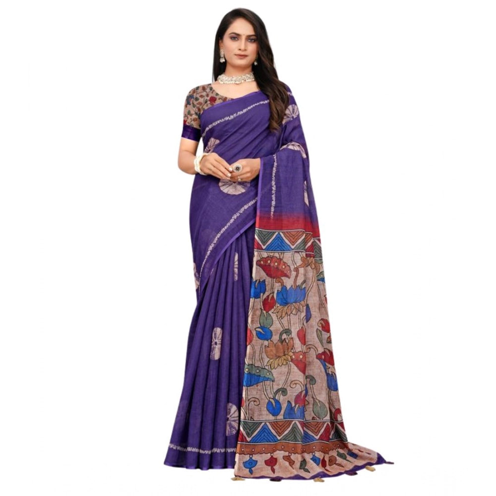 Women's Linen Printed Saree With Unstitched Blouse 5.5 Mtr (Purple)
