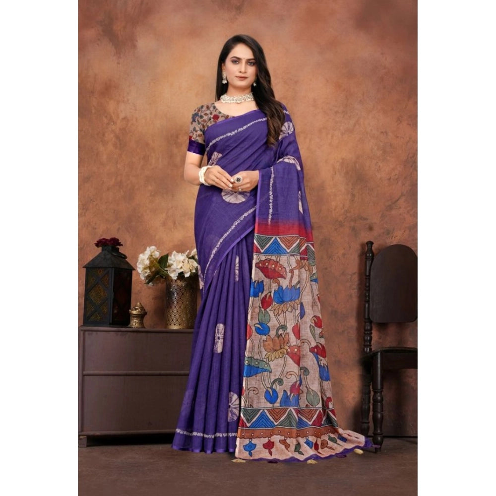 Women's Linen Printed Saree With Unstitched Blouse 5.5 Mtr (Purple)