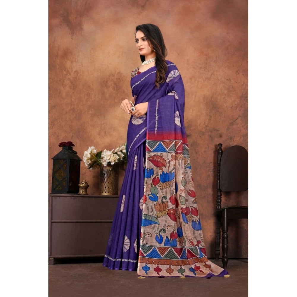 Women's Linen Printed Saree With Unstitched Blouse 5.5 Mtr (Purple)
