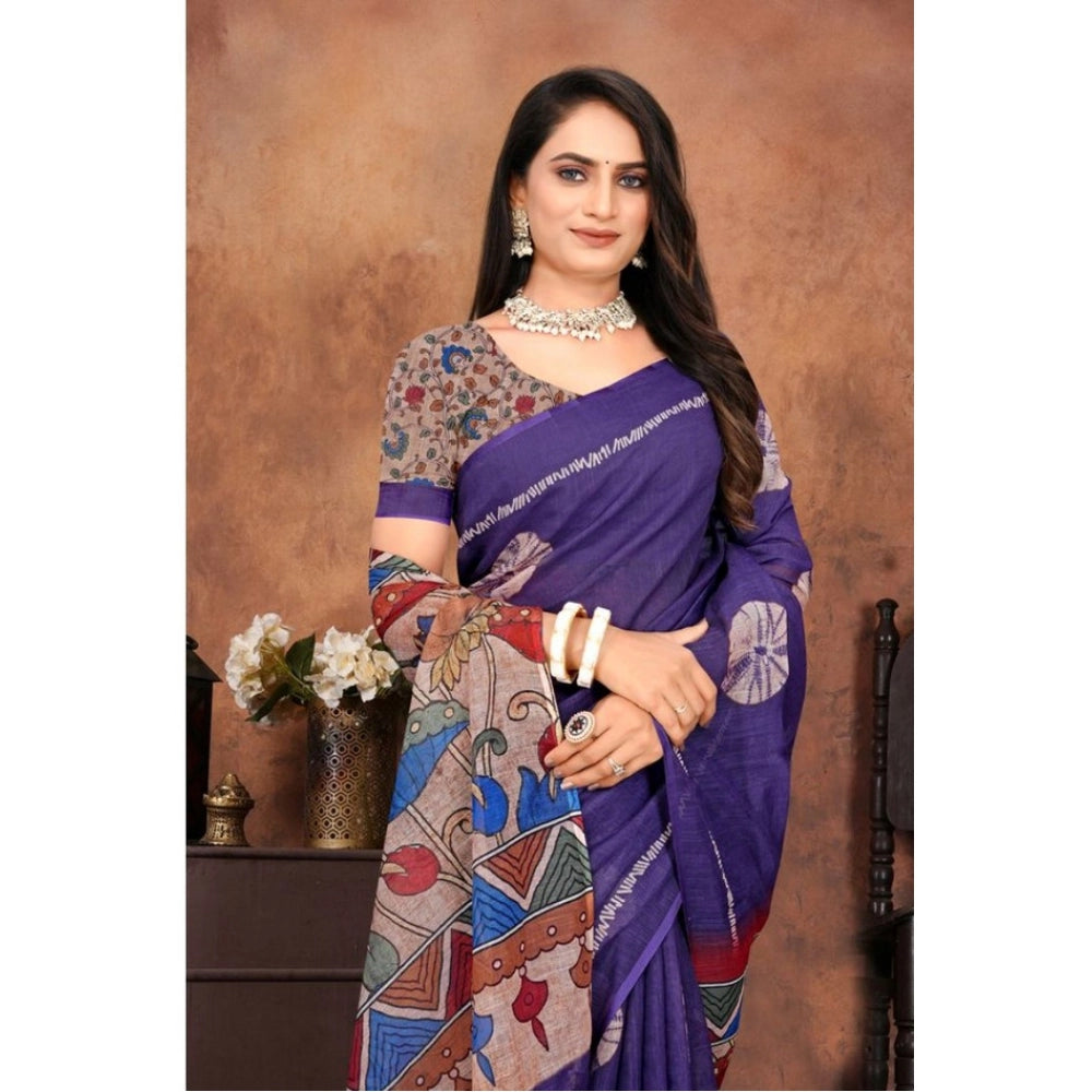Women's Linen Printed Saree With Unstitched Blouse 5.5 Mtr (Purple)