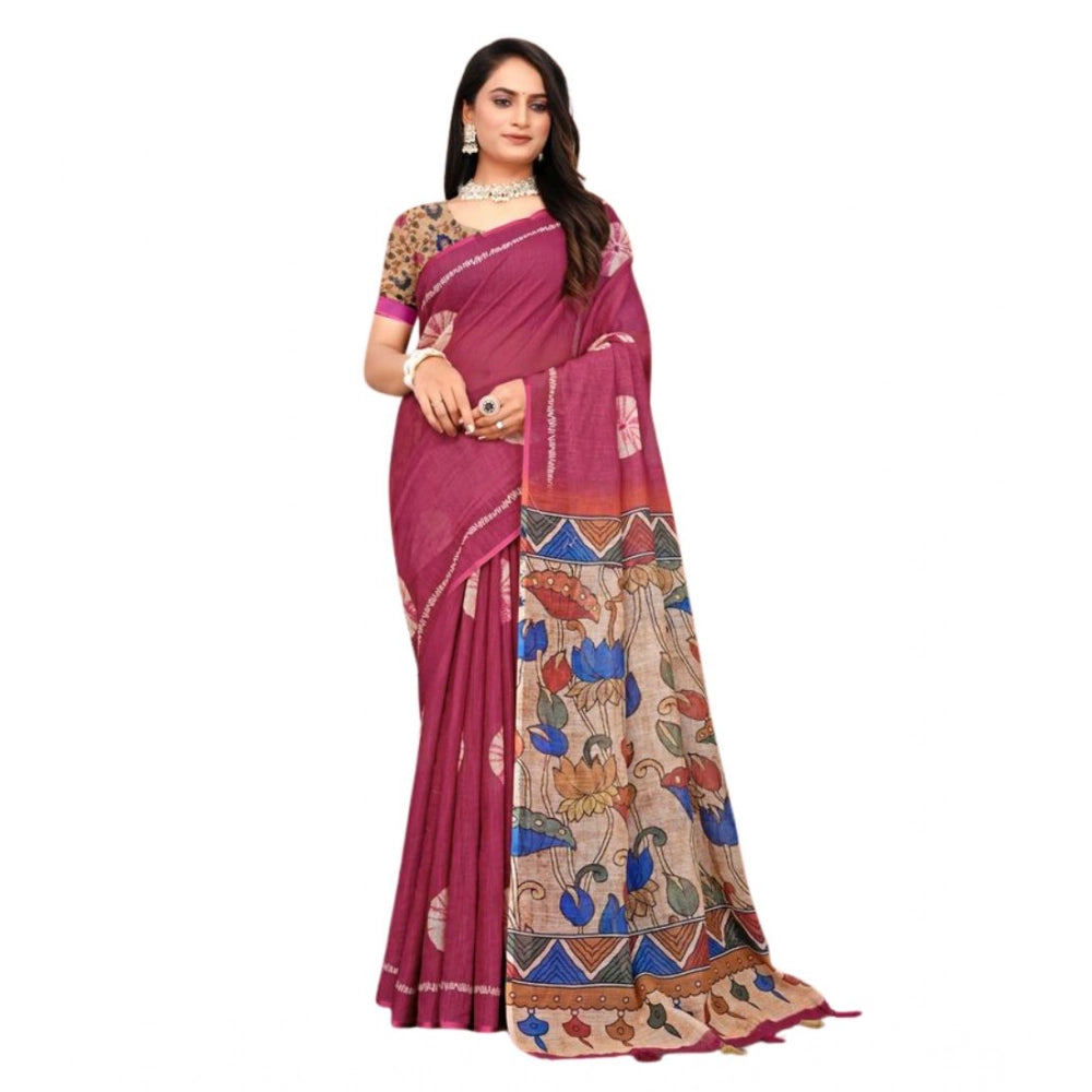 Women's Linen Printed Saree With Unstitched Blouse 5.5 Mtr (Purple)