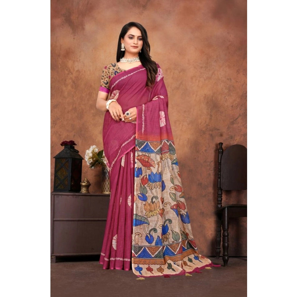 Women's Linen Printed Saree With Unstitched Blouse 5.5 Mtr (Purple)