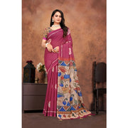 Women's Linen Printed Saree With Unstitched Blouse 5.5 Mtr (Purple)