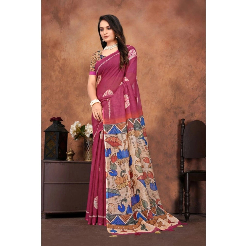 Women's Linen Printed Saree With Unstitched Blouse 5.5 Mtr (Purple)