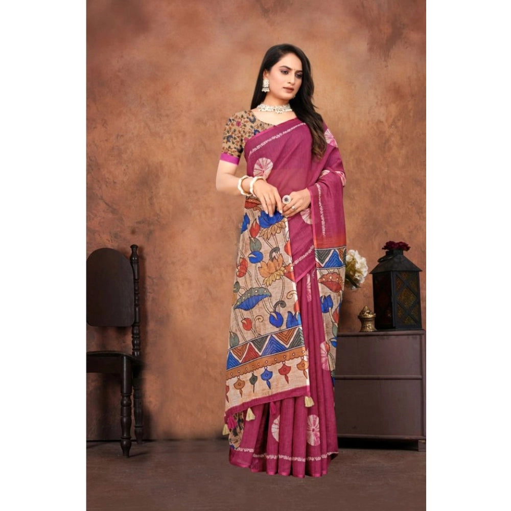 Women's Linen Printed Saree With Unstitched Blouse 5.5 Mtr (Purple)