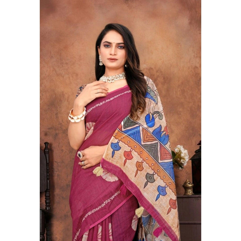 Women's Linen Printed Saree With Unstitched Blouse 5.5 Mtr (Purple)