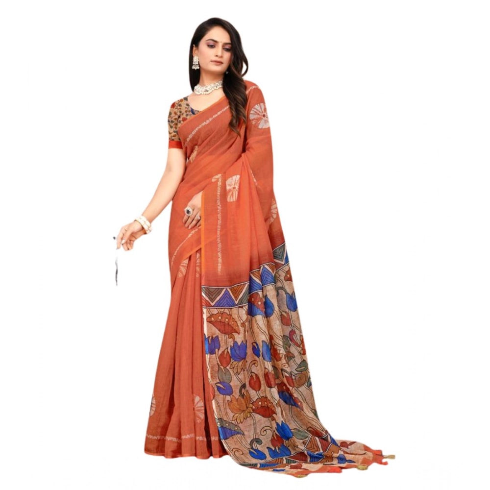 Women's Linen Printed Saree With Unstitched Blouse 5.5 Mtr (Red)