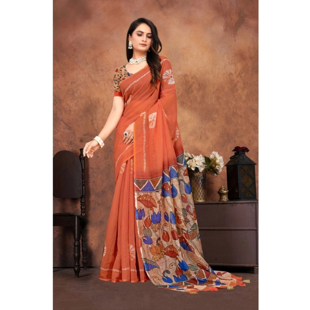 Women's Linen Printed Saree With Unstitched Blouse 5.5 Mtr (Red)
