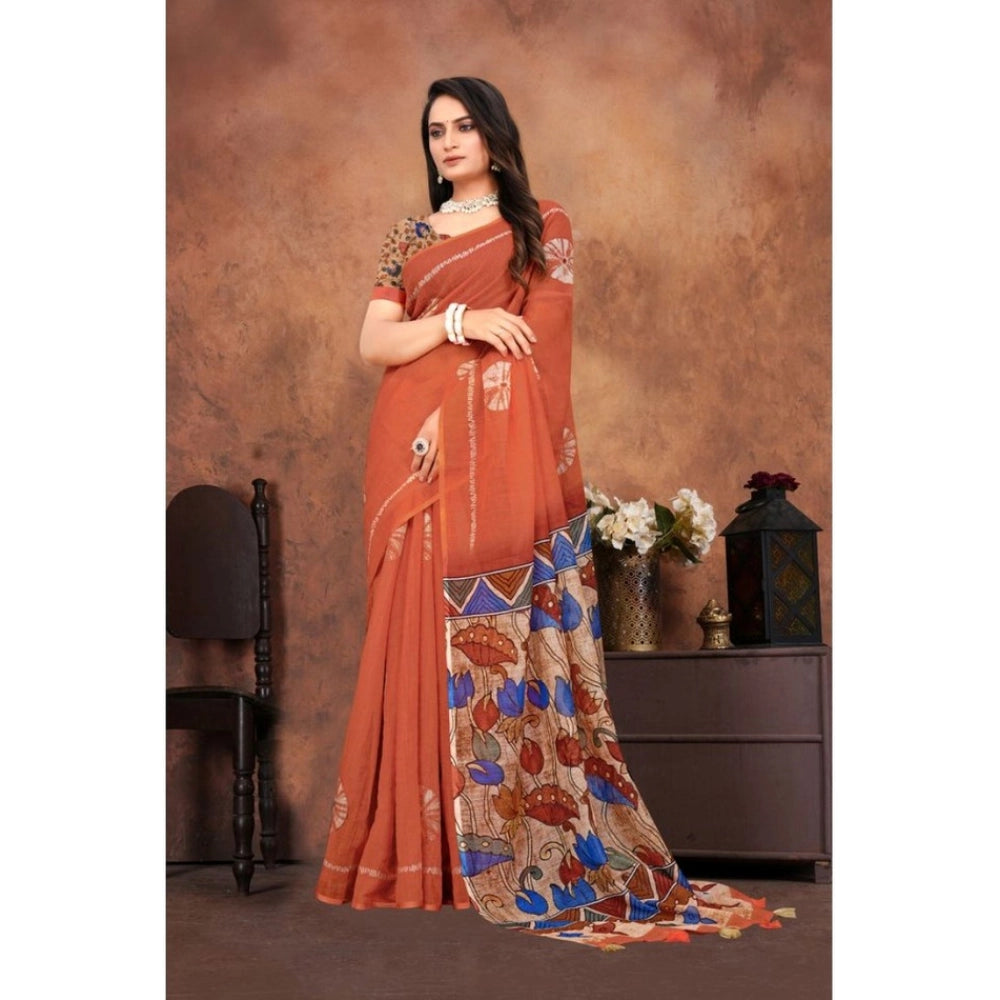 Women's Linen Printed Saree With Unstitched Blouse 5.5 Mtr (Red)