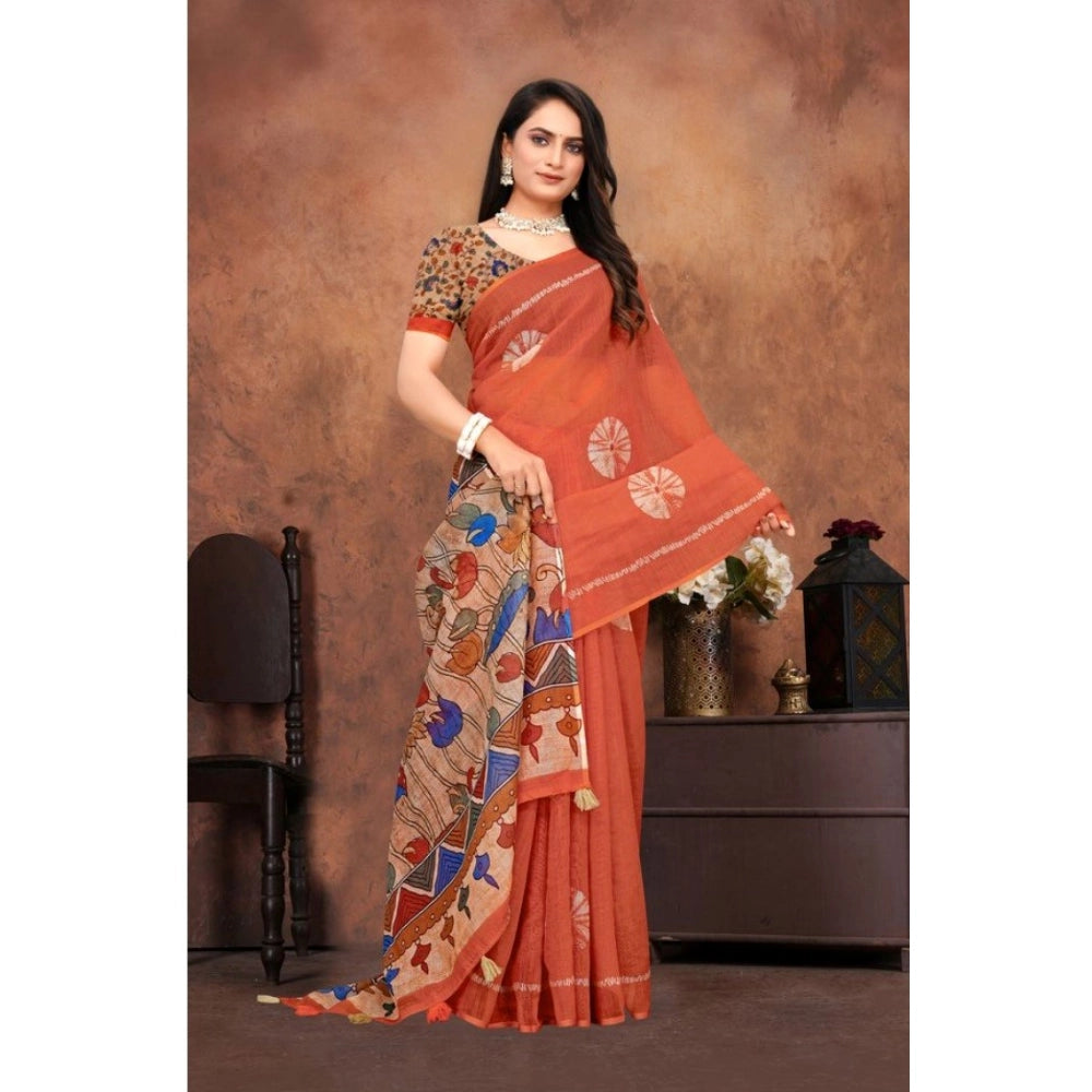 Women's Linen Printed Saree With Unstitched Blouse 5.5 Mtr (Red)