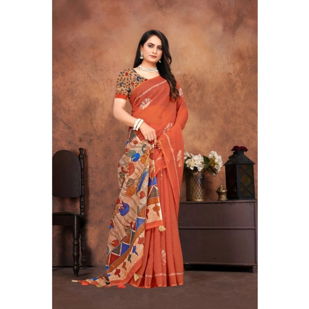Women's Linen Printed Saree With Unstitched Blouse 5.5 Mtr (Red)