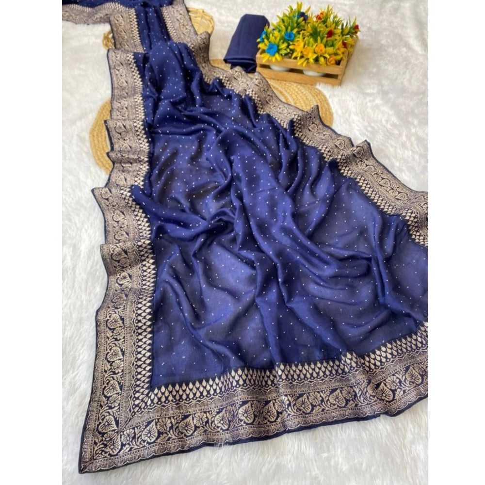 Women's Silk Embroidred Saree With Unstitched Blouse 5.5 Mtr (Blue)