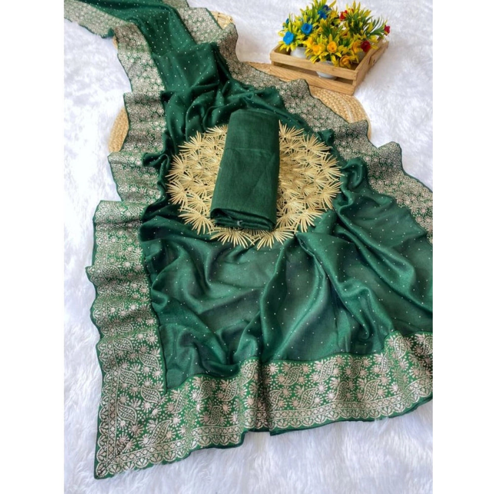 Women's Silk Embroidred Saree With Unstitched Blouse 5.5 Mtr (Dark Green)