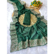 Women's Silk Embroidred Saree With Unstitched Blouse 5.5 Mtr (Dark Green)