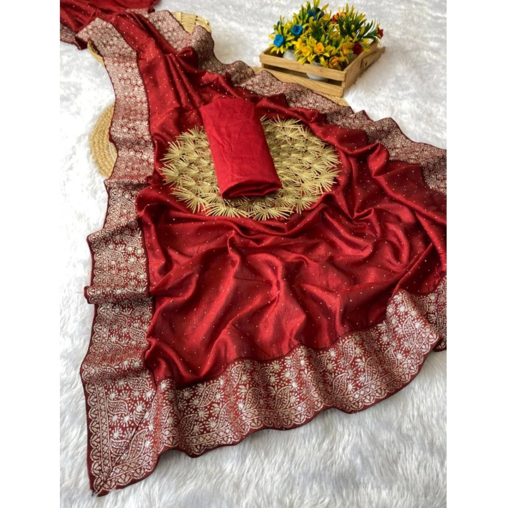 Women's Silk Embroidred Saree With Unstitched Blouse 5.5 Mtr (Red)