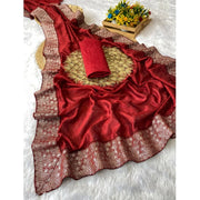 Women's Silk Embroidred Saree With Unstitched Blouse 5.5 Mtr (Red)
