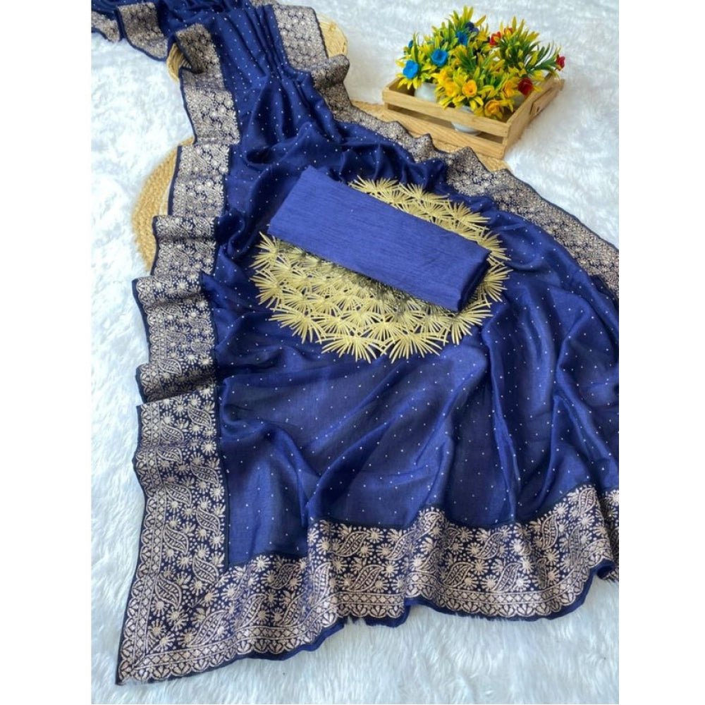 Women's Silk Embroidred Saree With Unstitched Blouse 5.5 Mtr (Blue)