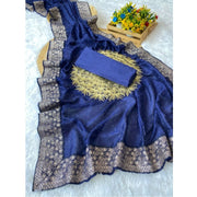 Women's Silk Embroidred Saree With Unstitched Blouse 5.5 Mtr (Blue)