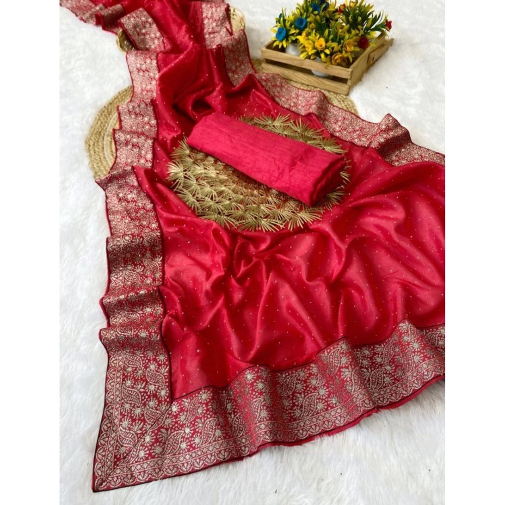 Women's Silk Embroidred Saree With Unstitched Blouse 5.5 Mtr (Pink)