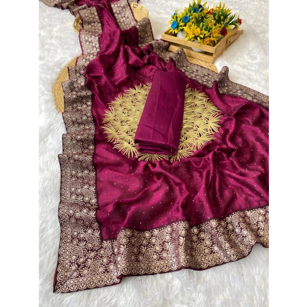 Women's Silk Embroidred Saree With Unstitched Blouse 5.5 Mtr (Purple)