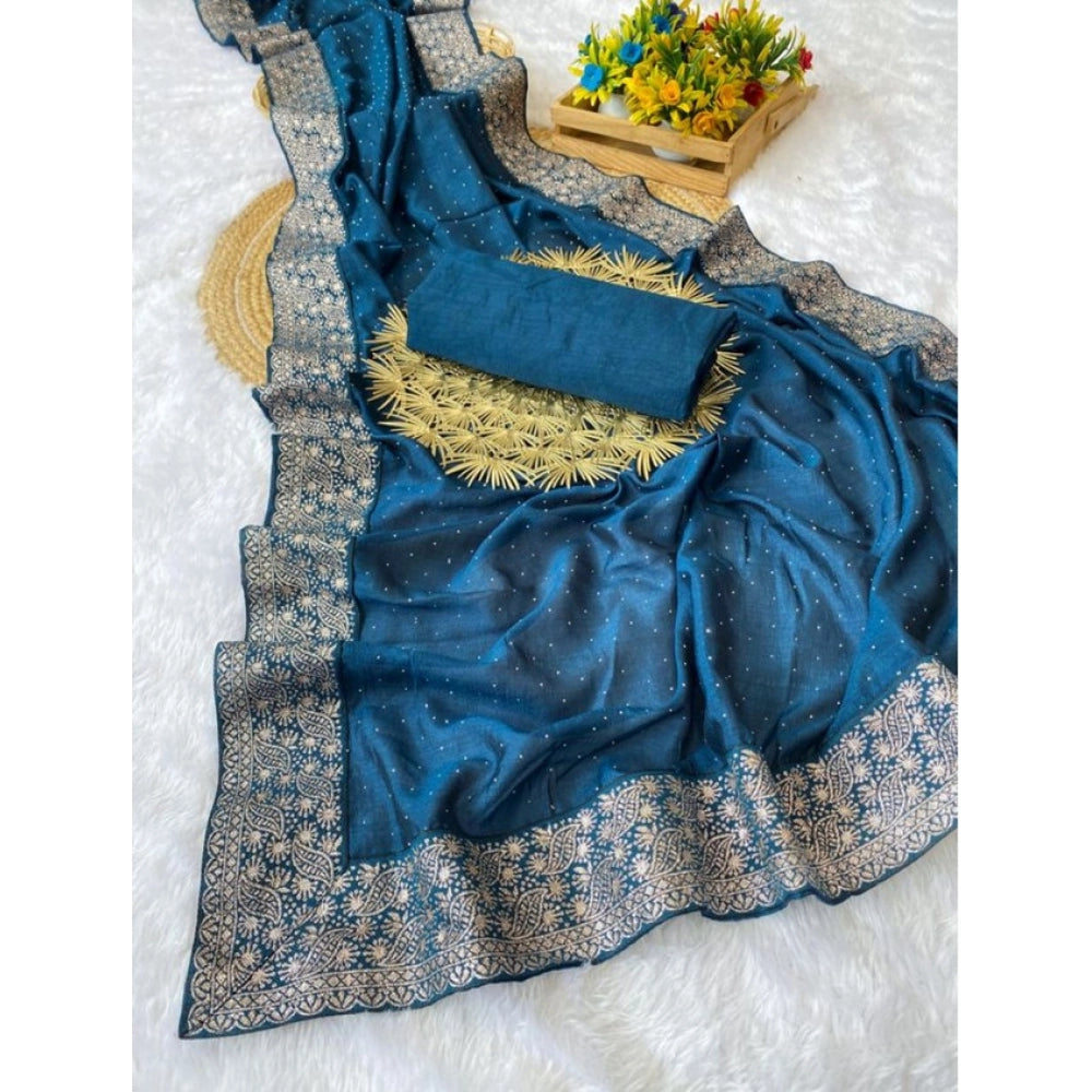 Women's Silk Embroidred Saree With Unstitched Blouse 5.5 Mtr (Light Green)
