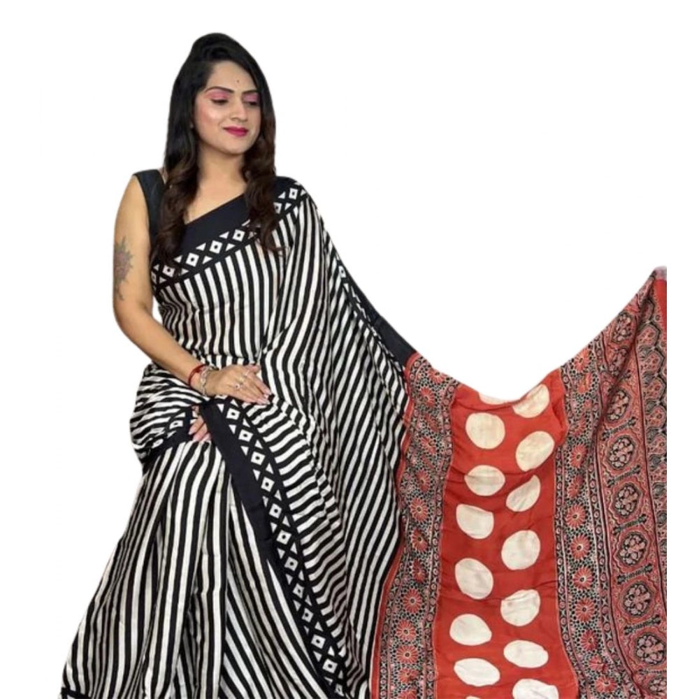 Women's Satin Printed Saree With Unstitched Blouse 5.5 Mtr (Black)