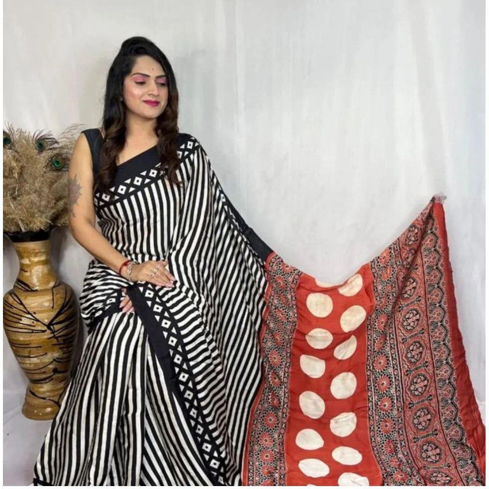 Women's Satin Printed Saree With Unstitched Blouse 5.5 Mtr (Black)
