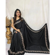 Women's Satin Printed Saree With Unstitched Blouse 5.5 Mtr (Black)