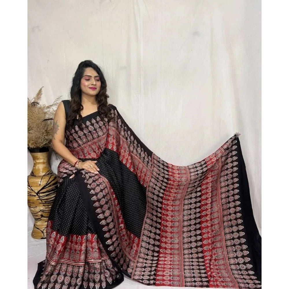 Women's Satin Printed Saree With Unstitched Blouse 5.5 Mtr (Black)