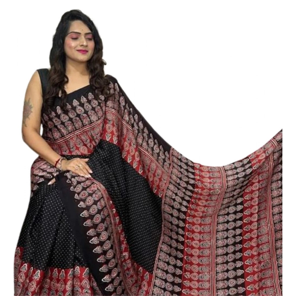 Women's Satin Printed Saree With Unstitched Blouse 5.5 Mtr (Black)
